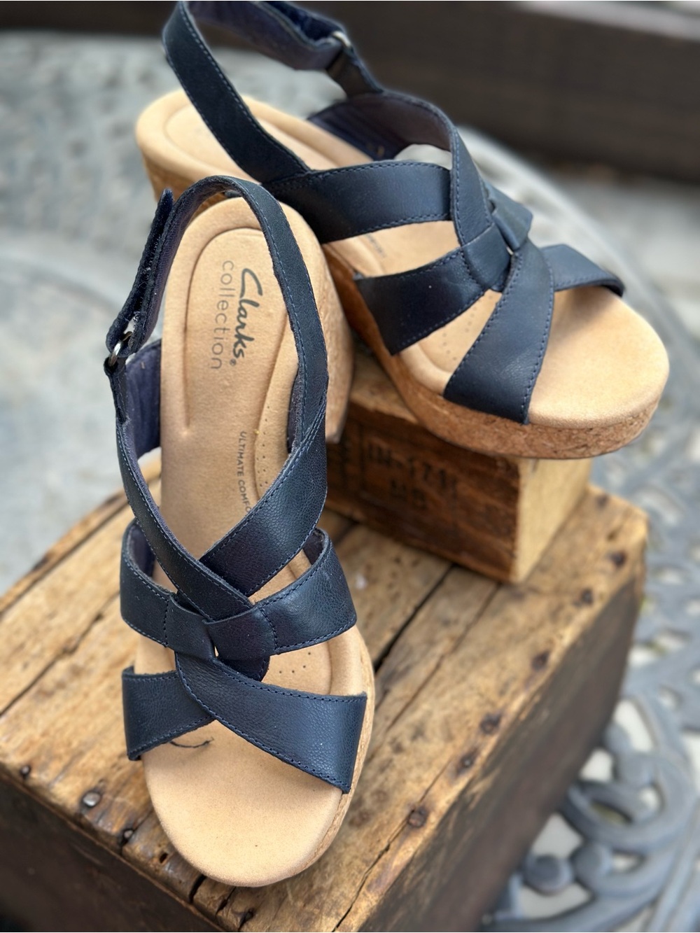 Clarks Collection Navy Cork Wedge Sandals Size 8 M